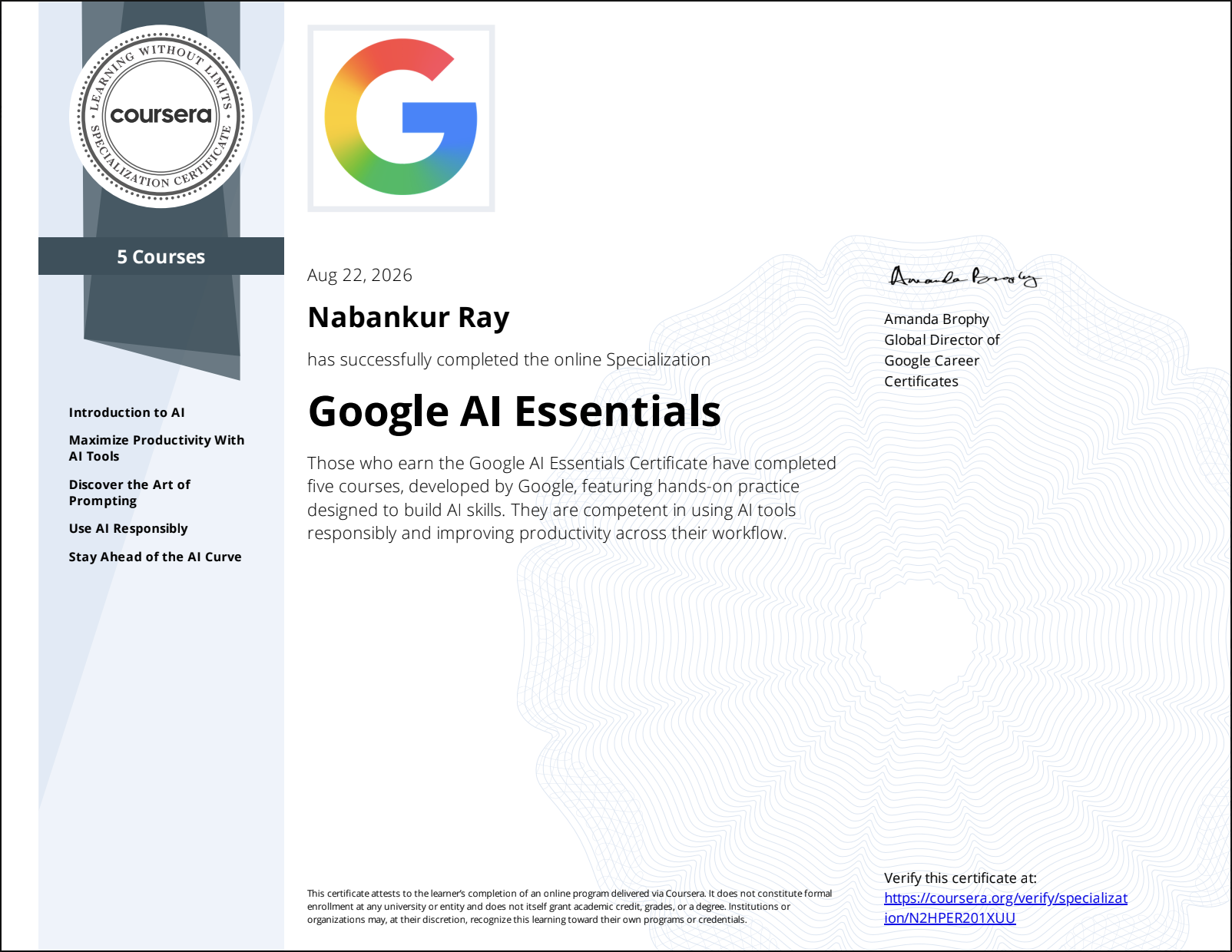 Google AI Essentials Certificate