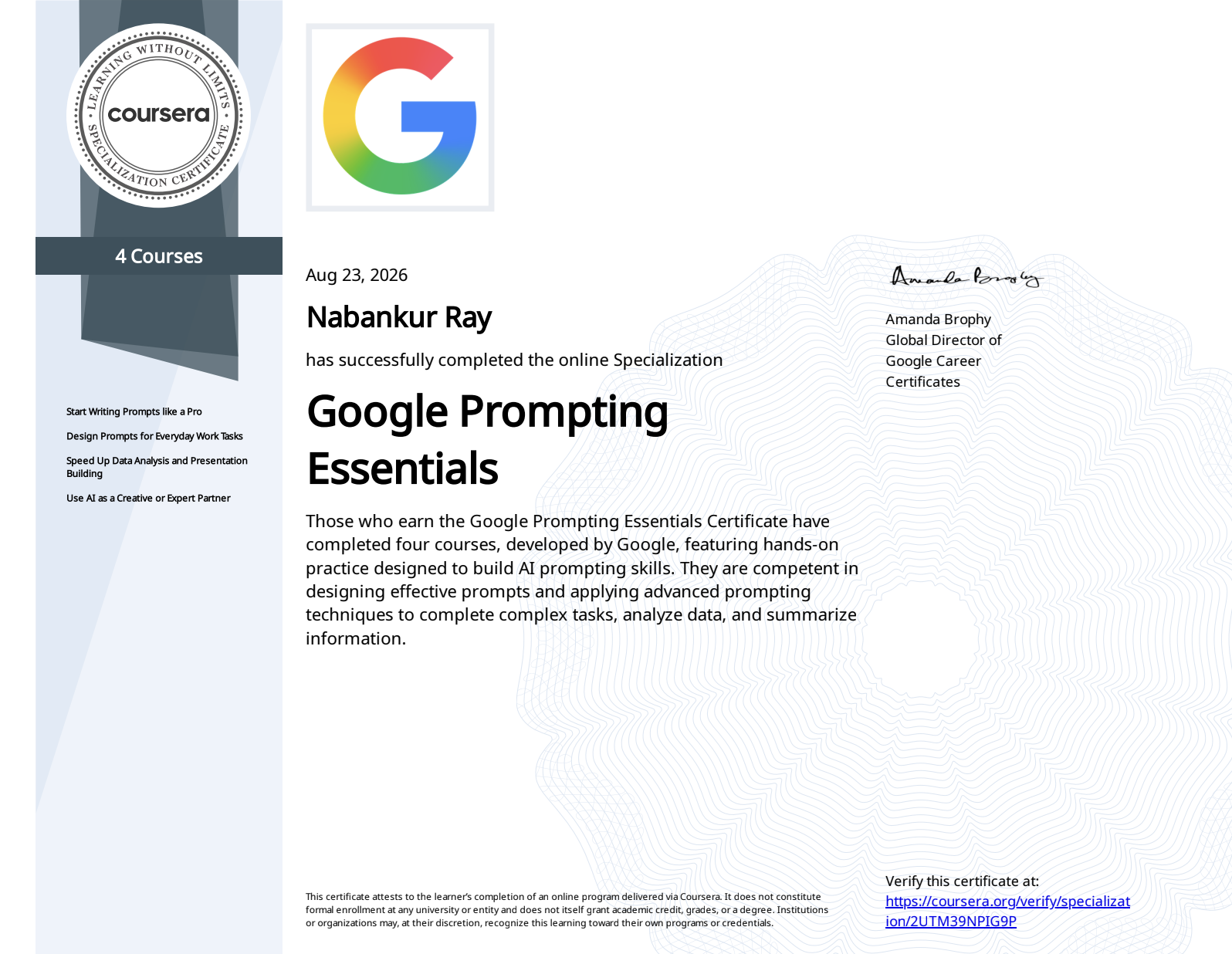 Google Prompting Essentials Certificate
